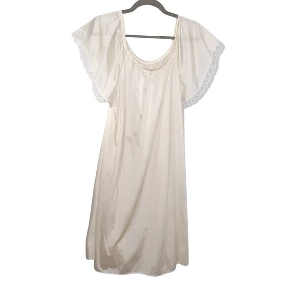 Vintage 80s Satin Lace Slip Dress Nightgown Cream Sleep Dress Scoop Neck Nightie - Picture 4 of 11
